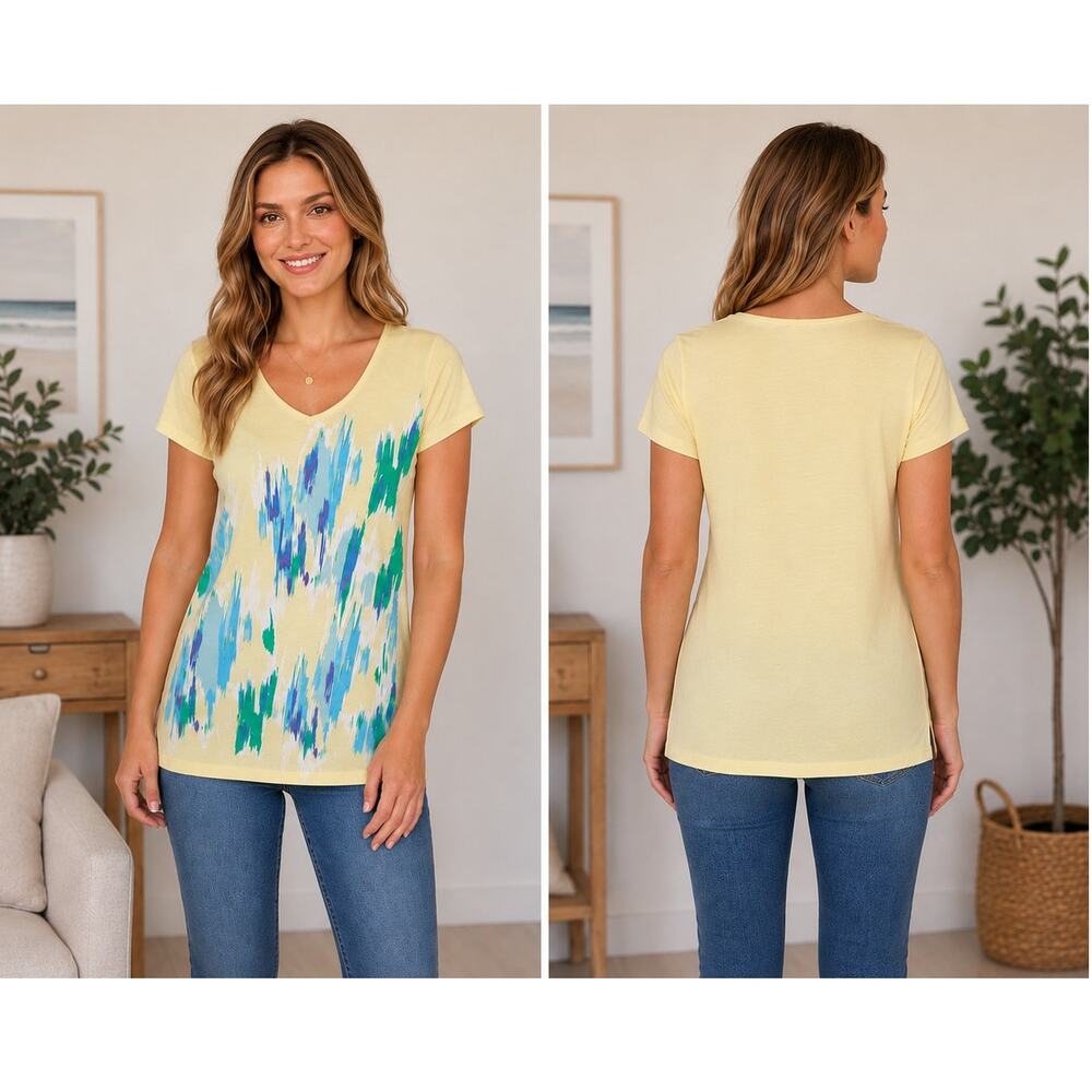 Eddie Bauer Women's XS Yellow Abstract Print V-Neck Tee Shirt NWOT Casual Top